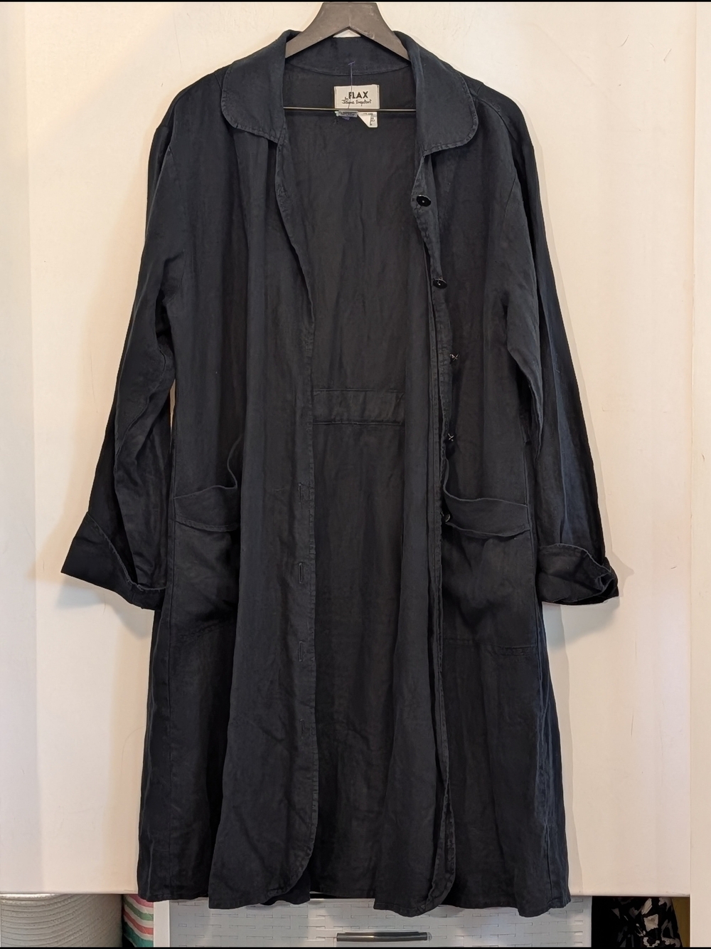 FLAX Jeanne Engelhart Linen Duster Coat Large Black Button Front Pockets 16/18